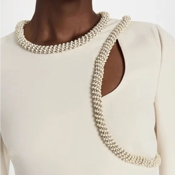 NEW NWT Jonathan Simkhai Katherine Diamante Embroidery Cutout Mini Dress Nougat